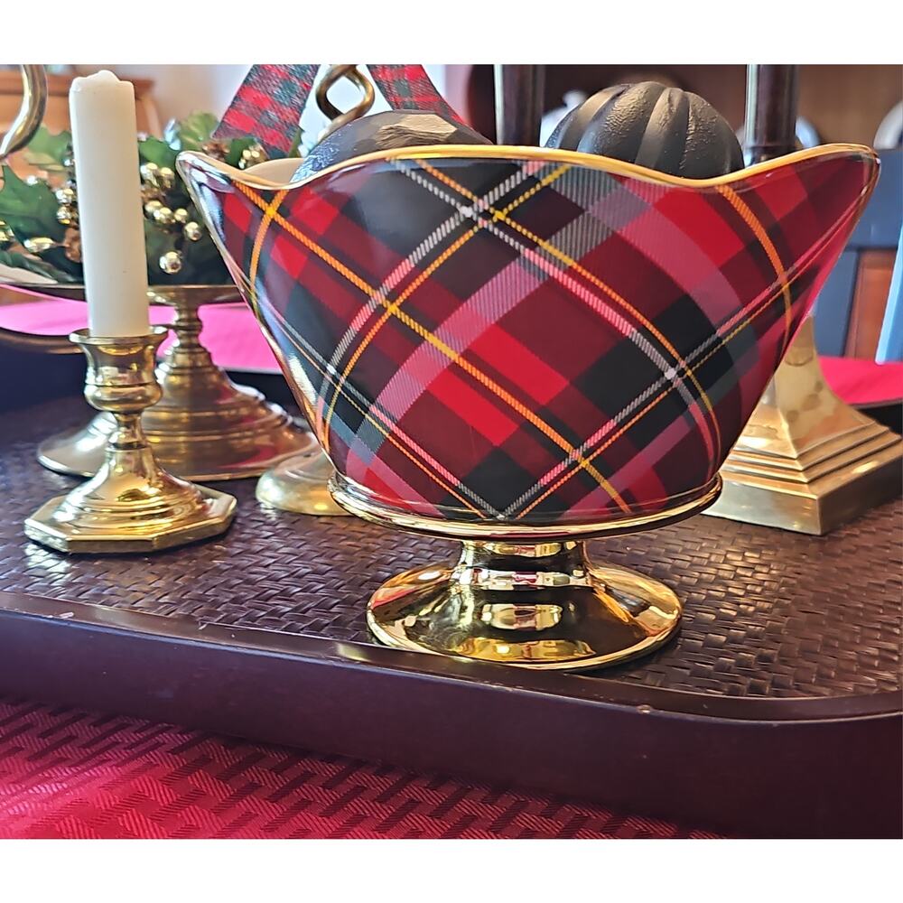 Vintage Ceramic Tartan Plaid Pedestal Bowl Teleflora Decor